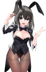  alternate_costume animal_ears black_bow black_bowtie black_eyes black_hair black_jacket black_leotard black_pantyhose bow bowtie breasts cleavage commission cowboy_shot fake_animal_ears fake_tail female highres jacket kaede_(mmkeyy) leotard looking_at_viewer medium_breasts medium_hair open_mouth pantyhose pixiv_commission playboy_bunny rabbit_ears rabbit_tail simple_background smile solo tail tailcoat tailcoat_playboy_bunny touhou usami_renko v white_background 