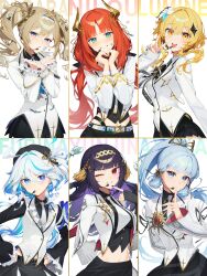  6+girls :d absurdres ahoge alternate_costume aqua_eyes aqua_nails arm_behind_back barbara_(genshin_impact) black_bow black_bowtie black_gloves black_hair black_shirt black_skirt black_thighhighs blazer blonde_hair blue_eyes blue_hair blunt_bangs bow bowtie character_name collared_shirt colored_inner_hair commentary cowboy_shot crescent crescent_hair_ornament dl_(dl_6ix) drill_hair drop-shaped_pupils fake_horns fingerless_gloves flower frilled_sleeves frills from_side furina_(genshin_impact) genshin_impact gloves grin hair_between_eyes hair_flower hair_ornament hands_on_own_hips head_tilt heart heart_hands heterochromia hexagram high_ponytail highres horns huge_ahoge jacket kamisato_ayaka light_blue_hair light_blush linea_alba long_hair long_sleeves looking_at_viewer looking_to_the_side lumine_(genshin_impact) microphone midriff midriff_peek miniskirt multicolored_hair multiple_girls nail_polish navel necktie nilou_(genshin_impact) open_mouth parted_lips pleated_skirt purple_hair red_eyes red_hair shirt short_hair_with_long_locks simple_background skirt sleeveless sleeveless_jacket sleeves_past_wrists smile star_(symbol) star_hair_ornament star_of_david sticker_on_face streaked_hair symbol-shaped_pupils teeth thighhighs twintails two-tone_hair upper_body v very_long_hair white_background white_hair white_jacket white_necktie white_shirt yellow_eyes yun_jin_(genshin_impact) 