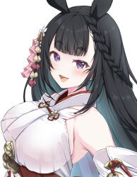  animal_ears armpit_crease azur_lane bare_shoulders bell black_hair braid breasts commentary daisen_(azur_lane) detached_sleeves female hair_ornament highres horse_ears horse_girl japanese_clothes jingle_bell large_breasts light_blush long_hair looking_at_viewer mikuchi3939 nontraditional_miko open_mouth purple_eyes simple_background smile solo symbol-only_commentary upper_body very_long_hair white_background white_sleeves 