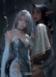  2girls absurdres artist_name bare_shoulders black_hair blue_eyes body_markings breasts commentary dark-skinned_female dark_skin dress english_commentary facial_mark grey_background grey_hair hand_on_own_hip highres long_hair long_pointy_ears medium_breasts multiple_girls original parted_lips pelvic_curtain pointy_ears ponytail red_eyes sideways_glance simple_background zed_(trungbui42) 