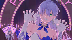  &gt;_&lt; 1boy absurdres afureru_colors artist_logo asymmetrical_gloves audience black_shirt breasts character_name claw_pose cleavage collarbone detached_collar earrings elbow_gloves eyes_visible_through_hair female floating_hair gloves glowstick grin hair_intakes hair_over_one_eye halo head_wings headband highres holding holding_glowstick honkai:_star_rail honkai_(series) jacket jewelry long_hair mini_wings naughty_face one_eye_closed open_clothes open_jacket open_mouth purple_hair red_headband robin_(honkai:_star_rail) shirt short_hair single_earring smile sunday_(honkai:_star_rail) teeth theater uneven_gloves upper_body white_gloves white_jacket white_wings wings 