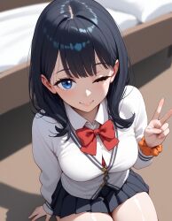  ai_generated cardigan one_eye_closed peace_sign school_uniform shiny_skin ssss.gridman tagme takarada_rikka thick_thighs v 