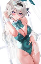  :o alternate_costume animal_ears bare_arms bare_shoulders black_hairband blush bow bowtie breasts commentary covered_navel fake_animal_ears fantongjun female firefly_(honkai:_star_rail) green_bow green_bowtie green_leotard grey_hair hair_ornament hairband highleg highleg_leotard highres honkai:_star_rail honkai_(series) jpeg_artifacts large_breasts leotard long_hair looking_at_viewer open_mouth playboy_bunny purple_eyes rabbit_ears solo thighhighs thighs wrist_cuffs 