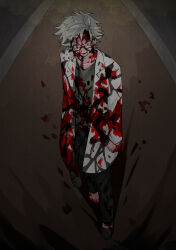  1boy absurdres asaba_kurone black_footwear black_pantyhose blood blood_on_clothes blood_on_face blood_on_feet blood_on_hands blue_eyes commentary_request film_grain full_body glasses grey_shirt heterochromia highres kanou_aogu lab_coat long_sleeves male_focus open_clothes open_mouth pantyhose red_eyes saibou_shinkyoku shirt short_hair single_barefoot slippers solo 