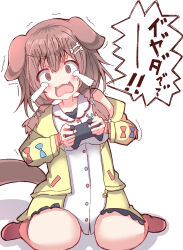  @_@ absurdres animal_ears bone_hair_ornament braid breasts brown_eyes brown_hair cartoon_bone cleavage commentary_request controller crying dog_ears dog_girl dog_tail dress female game_controller hair_between_eyes hair_ornament hair_over_shoulder highres holding hololive inugami_korone inugami_korone_(1st_costume) jacket leaning_to_the_side long_hair low_twintails medium_breasts off_shoulder open_clothes open_jacket red_socks shadow simple_background sitting sleeveless sleeveless_dress socks solo streaming_tears tail tears translation_request trembling twin_braids twintails umberblack virtual_youtuber wariza white_background white_dress yellow_jacket 