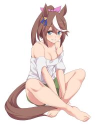  absurdres alternate_costume animal_ears barefoot breasts cleavage collarbone commentary_request female full_body grin hair_between_eyes hair_ornament hakutaqanta highres horse_ears horse_tail long_hair off-shoulder_shirt off_shoulder ponytail shirt sitting small_breasts smile solo tail tokai_teio_(umamusume) umamusume white_background 