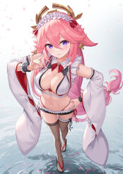  animal_ears bare_shoulders bikini black_thighhighs black_wrist_cuffs black_wristband blush bow bra breasts brown_thighhighs cherry_blossoms cleavage closed_mouth commentary_request dangle_earrings detached_collar detached_sleeves earrings falling_petals female fingernails floppy_ears fox_ears fox_girl fox_shadow_puppet frilled_straps genshin_impact geta hair_between_eyes hair_ornament halo hamahama hand_on_own_hip highres huge_breasts jewelry knees large_breasts light_smile long_hair looking_at_viewer low-tied_long_hair maid maid_bikini maid_headdress nail_polish navel panties petals pink_hair pink_nails purple_eyes red_panties red_ribbon ribbon ripples sandals smile solo standing standing_on_liquid stomach swimsuit thigh_strap thighhighs thighs unconventional_maid underwear very_long_hair vision_(genshin_impact) water white_bikini white_bow white_bra white_sleeves wide_sleeves wrist_cuffs yae_miko 