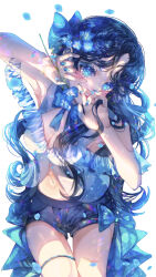  absurdres black_hair blue_bow blue_eyes blue_nails blue_ribbon bow braid breasts cleavage colored_eyelashes commentary cowboy_shot female floating_clothes floating_hair flower hair_flower hair_ornament hairbow highres holding holding_flower jewelry long_hair medium_breasts midriff mole mole_under_eye nail_polish navel nemophila_(flower) off_shoulder original petals pinapo_25 ribbon shorts solo thighlet very_long_hair white_background 