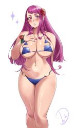  :o absurdres alternate_costume bare_shoulders bikini blue_bikini blush breasts cleavage deliciousbrain feet_out_of_frame female fire_emblem fire_emblem_engage florida_bikini highres ivy_(fire_emblem) large_breasts long_hair looking_at_viewer mole mole_under_mouth navel purple_eyes purple_hair sideboob simple_background skindentation solo standing stomach swimsuit thighs underboob very_long_hair white_background 