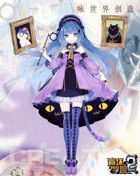  bare_shoulders benghuai_xueyuan blue_eyes blue_hair blue_thighhighs cat_tail copyright_name detached_sleeves dreamlands_(benghuai_xueyuan) dress full_body hair_ornament hairclip headwear_request holding honkai_(series) jewelry logo long_hair official_art portrait_(object) purple_dress purple_footwear ring second-party_source shoes solo tail thighhighs 