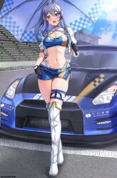  bandeau black_gloves blue_bandeau blue_eyes blue_hair blue_skirt blue_sky boots car checkered_clothes cloud cropped_jacket day female full_body gloves gotland_(fuji_speedway_race_queen_mode)_(kancolle) gotland_(kancolle) hair_between_eyes half_gloves headphones headset highleg highleg_panties highres jacket kantai_collection long_hair looking_at_viewer microphone miniskirt mizuki_(uzuki_no_sato) mole mole_under_eye motor_vehicle navel outdoors panties ponytail race_queen racetrack skirt sky smile solo standing thigh_boots two-tone_bandeau umbrella underwear white_footwear white_jacket white_panties 