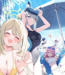  5girls :d :o ^_^ ahoge animal_ear_fluff animal_ears arm_behind_head arms_up ayane_(blue_archive) ayane_(swimsuit)_(blue_archive) bare_arms bare_shoulders beach_umbrella bikini bikini_under_clothes black_bikini black_hair black_one-piece_swimsuit blonde_hair blue-tinted_eyewear blue_archive blue_eyes blue_halo blue_jacket blue_sky blush breasts brown_hair cat_ears cleavage closed_eyes commentary_request crazy_straw cup day diving_mask drinking_straw eyewear_on_head frilled_bikini frills goggles grey_hair groin hair_between_eyes hair_bobbles hair_ornament halo heart_straw highres holding holding_cup hoshino_(blue_archive) hoshino_(swimsuit)_(blue_archive) jacket large_breasts long_hair looking_at_viewer low_twintails medium_breasts multiple_girls navel nonomi_(blue_archive) nonomi_(swimsuit)_(blue_archive) oerba_yun_fang one-piece_swimsuit open_clothes open_jacket open_mouth outdoors palm_tree parted_lips pink_hair pink_halo red_halo saeki_sora serika_(blue_archive) serika_(swimsuit)_(blue_archive) shiroko_(blue_archive) shiroko_(swimsuit)_(blue_archive) skin_fang sky smile sunglasses swimsuit tinted_eyewear tree twintails umbrella very_long_hair wet white_bikini white_jacket yellow_bikini yellow_halo 