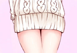  aran_sweater cable_knit close-up commentary_request dress female hip_focus i.u.y kinuhata_saiai long_sleeves pink_background shiny_skin short_dress simple_background solo sweater sweater_dress thighs toaru_majutsu_no_index white_dress white_sweater 