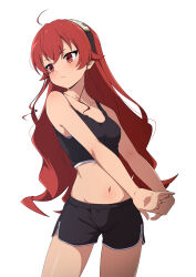  :&lt; absurdres ahoge alternate_costume bare_shoulders black_hairband black_shorts black_sports_bra breasts bunching_hair collarbone cowboy_shot crossed_bangs eris_greyrat female hairband highres long_hair midriff mushoku_tensei navel nishizuki_shino outstretched_arms red_eyes red_hair shorts simple_background small_breasts solo sports_bra sportswear stretching very_long_hair white_background 