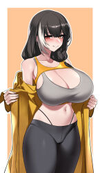  absurdres alternate_costume black_hair black_pants blush breasts cleavage collarbone commentary_request commission dogs_(dlrkdejr26) female fingernails girls&#039;_frontline grey_sports_bra heterochromia highleg highleg_panties highres huge_breasts korean_commentary looking_at_viewer medium_hair multicolored_hair navel open_clothes orange_eyes panties pants parted_lips ro635_(girls&#039;_frontline) smile solo sports_bra streaked_hair sweatdrop underwear white_hair yellow_eyes yoga_pants 