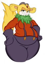  2020 angry anthro archie_comics belly bottomwear breasts chinchilla chinchillid clothing eyelashes female forehead_gem fur gem gloves green_eyes half-closed_eyes hands_on_hips handwear hi_res looking_at_viewer looking_back looking_back_at_viewer mammal mrxrickyx narrowed_eyes overweight overweight_female pants pronounced_browridge purple_bottomwear purple_clothing purple_pants red_clothing red_topwear rodent sega simple_background smug_face solo sonic_the_hedgehog_(archie) sonic_the_hedgehog_(comics) sonic_the_hedgehog_(series) tail thick_thighs thunderbolt_the_chinchilla topwear white_background wide_hips yellow_body yellow_fur 