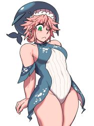  :&lt; absurdres animal_print bare_shoulders bikini blue_bikini blush cowboy_shot eddybird55555 female fish_print green_eyes hat highres looking_down okunoda_miyoi pink_hair pointy_hair short_hair simple_background single_sidelock solo spiked_hair sweatdrop swimsuit thighs touhou whale whale_hat whale_print white_background 