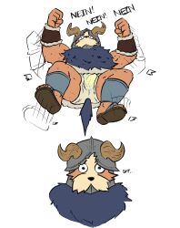  1boy afterimage bara beard body_fur collage cropped_head dat_del_luna derivative_work dungeon_meshi dwarf facial_hair fake_horns french_text helmet herdier highres horned_helmet horns kemonomimi_mode long_beard lying male_focus moustache on_back parody_request pokemon screenshot_redraw senshi_(dungeon_meshi) spread_legs tantrum thick_mustache very_long_beard 