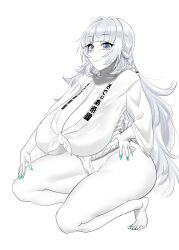  absurdres azur_lane barefoot blue_eyes blush braid breasts commission commissioner_upload fundoshi grey_hair greyscale hand_on_own_hip happi highres huge_breasts japanese_clothes konmori_(kinbou_sokai) long_hair mizu_happi monochrome nervous_smile non-web_source sagging_breasts skeb_commission smile spot_color squatting twin_braids vittorio_veneto_(azur_lane) white_background 