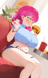  :t belly blush breasts burger eating eden_(shiroki_yuutsu) female food food_on_face holding holding_food huge_breasts medium_hair muffin_top navel original pink_hair plump simple_background smile solo thick_thighs thighs vanilla_(eden_(shiroki_yuutsu)) white_background yellow_eyes 