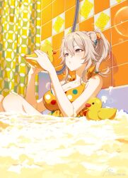  alternate_costume animal_ears bathtub breasts ear_piercing female grey_eyes grey_hair highres hololive large_breasts lion_ears lion_girl long_hair piercing rubber_duck shishiro_botan solo tomari_(veryberry00) two_side_up virtual_youtuber yellow_swimsuit 