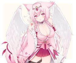  angel_wings animal_ears artist_name bare_shoulders braid breasts cat_ears cat_girl cherry_blossom_print cleavage commission detached_sleeves diadem female final_fantasy final_fantasy_xiv floral_print fox_shadow_puppet highres leg_belt looking_at_viewer miqo&#039;te pink_hair red_eyes red_skirt robe sakuramon sana_(sanamaru_0w0) skeb_commission skirt solo thigh_strap twin_braids warrior_of_light_(ff14) white_background wide_sleeves wings 