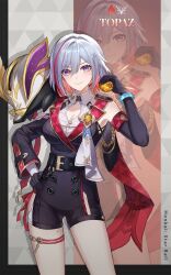  arrow_hair_ornament asymmetrical_gloves black_gloves breasts character_name cleavage closed_mouth elbow_gloves female fractalmagnolia gloves grey_hair hair_between_eyes hand_on_own_hip hand_up highres holding honkai:_star_rail honkai_(series) looking_at_viewer mole mole_on_thigh multicolored_hair numby_(honkai:_star_rail) red_hair short_hair single_sleeve smile standing streaked_hair thigh_strap topaz_(honkai:_star_rail) trotter_(honkai:_star_rail) two-tone_hair uneven_gloves 