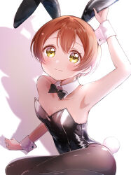  animal_ears black_bow black_bowtie black_leotard black_pantyhose bow bowtie breasts brown_hair detached_collar fake_animal_ears female highres holding hoshizora_rin leotard love_live! osono_(jpku7757) pantyhose playboy_bunny rabbit_ears rabbit_tail shadow short_hair sitting small_breasts solo strapless strapless_leotard tail wrist_cuffs yellow_eyes yokozuwari 