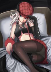  alisa_ilinichina_amiella ass bed blue_eyes boots breasts commentary_request crotch_seam elbow_gloves female gloves god_eater god_eater_burst hat highres large_breasts legs majicjiang naughty_face panties panties_under_pantyhose pantyhose pillow seductive_smile shoes single_shoe single_thighhigh skirt smile solo suspender_skirt suspenders thigh_boots thighhighs underboob underwear white_hair 