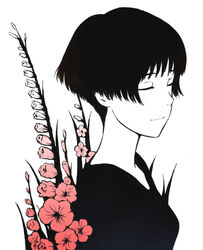  closed_eyes commentary_request female flower gake_no_ue_no_ponyo gladiolus high_contrast jas_(littlecrime) light_smile lisa_(ponyo) monochrome short_hair solo spot_color 