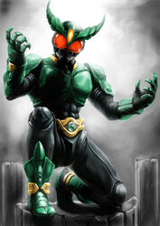  1boy belt claws commentary_request glowing glowing_eyes highres kamen_rider kamen_rider_agito_(series) kamen_rider_gills male_focus matchin monster photoshop_(medium) solo 