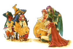  1boy 3girls bartz_klauser bat_wings black_mage_(final_fantasy) blonde_hair blue_eyes blue_mage_(final_fantasy) blush boco cape chibi chocobo commentary_request comparison croma faris_scherwiz final_fantasy final_fantasy_5 final_fantasy_fables green_eyes hat highres krile_mayer_baldesion_(ff5) lenna_charlotte_tycoon long_hair multiple_girls open_mouth pink_hair purple_hair shirma short_hair surprised sweatdrop time_mage toutoumi white_mage_(final_fantasy) wings witch_hat 