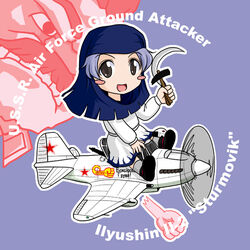  aircraft airplane blue_hair blush_stickers chibi clenched_hand cloud commentary_request facial_hair female hammer_and_sickle hood il-2 joseph_stalin kumoi_ichirin moustache parody sakurato_tsuguhi solo soviet star_(symbol) touhou unzan vehicle_focus world_war_ii 