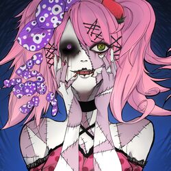  @_@ bad_id bad_pixiv_id bare_shoulders black_sclera bleeding blood candy candy_addict_full_course_(vocaloid) choker colored_sclera female food fruit hair_ornament hairclip hands_on_own_face hatsune_miku heterochromia nail_polish open_mouth pink_eyes pink_hair simennsoka solo stitches strawberry twintails vocaloid yellow_eyes 