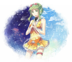  bridal_garter campanella_(vocaloid) colored_eyelashes commentary_request eyelashes female fish goggles goggles_on_head green_eyes green_hair gumi heart microphone musical_note paper_airplane rella see-through short_hair skirt solo vocaloid water_drop wrist_cuffs 