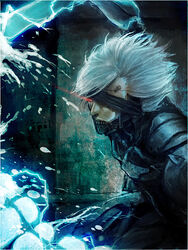  1boy bodysuit commentary_request cyborg glowing glowing_eyes male_focus matsumoto_mio metal_gear_(series) metal_gear_rising:_revengeance raiden_(metal_gear) solo white_hair 