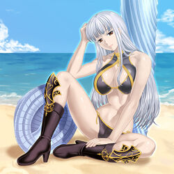  beach bikini black_bikini boots breasts cleavage cleavage_cutout clothing_cutout commentary_request day female high_heels large_breasts legs long_hair ocean red_eyes selvaria_bles senjou_no_valkyria_(series) shoes sitting solo spread_legs swimsuit thighs tonbidou white_hair 