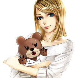  bad_id bad_pixiv_id bear blonde_hair blue_eyes copyright_request eagle_talon female hug leonardo_hakase photoshop_(medium) sadakage simple_background solo 