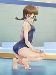  akizuki_ritsuko antenna_hair barefoot braid breasts brown_eyes brown_hair commentary_request competition_swimsuit diving_block female glasses idolmaster idolmaster_(classic) looking_back medium_breasts muhi11234 one-piece_swimsuit solo squatting swimsuit twin_braids 