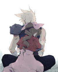  1boy aerith_gainsborough bad_id bad_pixiv_id blonde_hair bow brown_hair cloud_strife commentary_request couple cropped_jacket dress drill_hair female final_fantasy final_fantasy_vii hidaka_ryou hug hug_from_behind long_dress long_hair pink_bow pink_dress ponytail sitting spiked_hair straight 