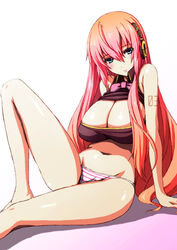  blue_eyes breasts cleavage commentary_request female headphones large_breasts long_hair megurine_luka panties photoshop_(medium) pink_hair plump simple_background sitting solo striped_clothes striped_panties underwear vocaloid wakame 