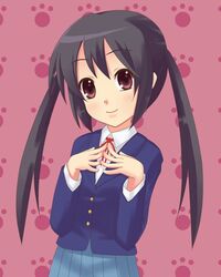  black_hair brown_eyes commentary_request female k-on! long_hair nakano_azusa neck_ribbon photoshop_(medium) ponishi. red_ribbon ribbon sakuragaoka_high_school_uniform school_uniform solo twintails 