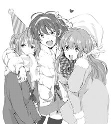  3girls asahina_mikuru bad_id bad_pixiv_id book bookmark coat down_jacket greyscale hair_ribbon hat jacket kita_high_school_uniform long_hair monochrome multiple_girls nagato_yuki party_hat ribbon sato_unta school_uniform serafuku short_hair suzumiya_haruhi suzumiya_haruhi_no_yuuutsu thighhighs winter_uniform 