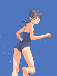  ass barefoot blue_eyes brown_hair commentary_request female flash_tomo from_behind long_hair looking_back one-piece_swimsuit open_mouth original painttool_sai_(medium) school_swimsuit smile solo swimsuit twintails 