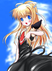  air_(visual_novel) bad_id bad_pixiv_id bird blonde_hair blue_eyes crow female hair_ribbon kamio_misuzu long_hair mikeke ponytail ribbon school_uniform sora_(air) 