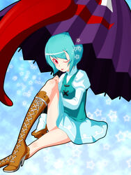  :p alternate_footwear blue_hair blush boots commentary_request female high_heel_boots high_heels karakasa_obake one_eye_closed photoshop_(medium) purple_umbrella ranchuu_(akamusume) red_eyes shoes short_hair skirt solo star_(symbol) tatara_kogasa tongue tongue_out touhou umbrella 