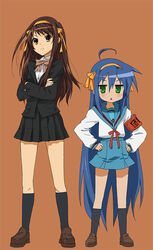  2girls ahoge bad_id bad_pixiv_id blue_hair blue_sailor_collar blue_skirt brown_eyes brown_hair company_connection cosplay crossed_arms green_eyes hair_ribbon hairband hands_on_own_hips hirano_aya izumi_konata kita_high_school_uniform kouyouen_academy_school_uniform kyoto_animation legs loafers long_hair lucky_star mole mole_under_eye multiple_girls official_alternate_costume official_alternate_hair_length official_alternate_hairstyle orange_hairband p_(zzaazz) photoshop_(medium) ribbon sailor_collar school_uniform serafuku shoes skirt suzumiya_haruhi suzumiya_haruhi_(cosplay) suzumiya_haruhi_no_shoushitsu suzumiya_haruhi_no_yuuutsu voice_actor_connection winter_uniform yara_kami_meiosei 