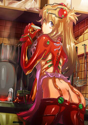  apron arm_support ass blue_eyes blush_stickers bodysuit brown_hair butt_crack commentary_request cooking cooking_pot evangelion:_2.0_you_can_(not)_advance female from_behind highres kitchen ladle long_hair looking_back multicolored_bodysuit multicolored_clothes neon_genesis_evangelion orange_bodysuit plugsuit rebuild_of_evangelion red_bodysuit solo souryuu_asuka_langley tashiromotoi test_plugsuit tongue utensil_rack 