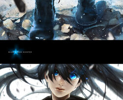  aura bad_id bad_pixiv_id black_hair black_rock_shooter black_rock_shooter_(character) blue_eyes boots close-up female flaming_eye highres lips long_hair solo taki_zen&#039;ichi twintails 