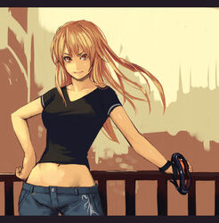  arm_support babydoll_t-shirt black_shirt brown_eyes brown_hair crop_top cropped_shirt female goggles hand_on_own_hip letterboxed long_hair midriff mustard_seeds navel original outdoors pants railing shirt short_sleeves solo standing v-neck wind yuuji_(and) 